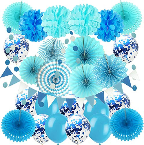 ZERODECO Party Dekoration Papier Pompoms, Aufhängen Fächer Dreieckige Wimpel und hängende Glitter Punkt Papier Girlande Dekorpapier (Blau)