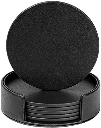 KEMMPER Drink Coasters Set of 6 Leather Coasters Spill Protection for Table Desk,Durable and Non Slip Leather Coaster Perfect for Common Size Glass Coffee Cup & Mug,4 Inches(Round Black Coasters)