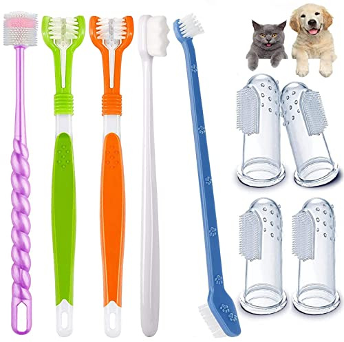 AZOFFYIU 9-Pack Dog Toothbrush Kit, Triple Head & Double Head Dog Toothbrush, 360 Finger SiliconeToothbrush, Multi-Angle Dental Cleaning Brushes for Cat Oral Health