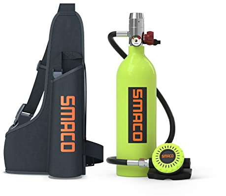 SMACO Bouteille de Plongée 1L pour Plongées en Eaux Peu Profondes, Mini Bouteille de Plongée Permettant Une Respiration de 15-20 Minutes pour Plongée de Loisir/Travail Subaquatique, Ensemble A(Vert)