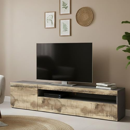 Dmora - Meuble TV Claudio, Buffet bas de salon, Base pour meuble TV, 100% Made in Italy, 150x40h37 cm, Ardoise et Érable
