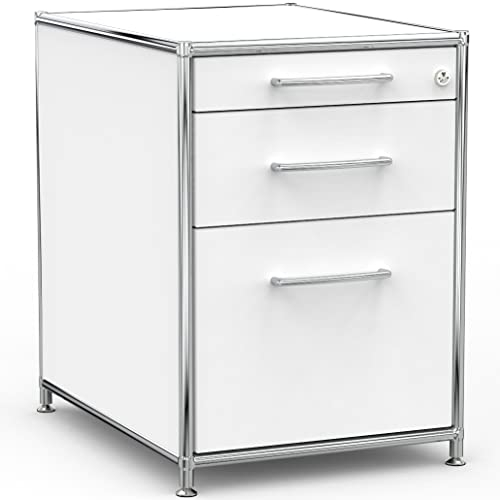 SYSTEM8X Bürocontainer 60cm mit 1 Materialschublade, 1 Schublade und 1 Hängeregistratur aus Holz Chrom in Dekor Weiss auf Stellfüßen