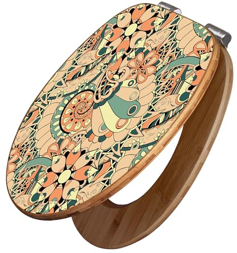 banjado Design WC Sitz Bambus Absenkautomatik 45,8x37,5cm - Toilettendeckel mit Absenkautomatik Holz - hochwertiger Bambus Klodeckel - WC-Sitz für gängigen Toiletten - Motiv Vintage Flower 3