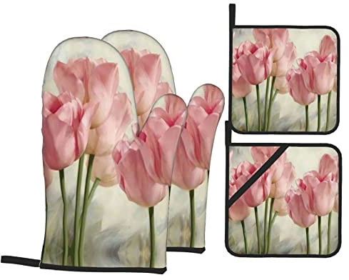 Guanti da forno e presine rosa a tulipani, resistenti al calore, rivestimento interno morbido antiscivolo per cottura