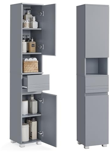 VASAGLE Mobile da Bagno, Mobiletto Portaoggetti, Alto, con Cassetto, Ripiani Regolabili, Scomparti, 30 x 30 x 170 cm, Grigio Tortora BBC560P36