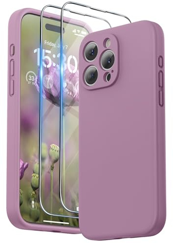 SURPHY Cover Protezione Fotocamera Compatibile con iPhone 15 Pro Max (6,7) con 2 *Vetro Temperato e Cordino,Silicone Liquido Custodia per iphone 15 pro max, Viola lilla