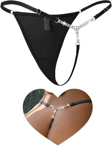 ohyeahlady G-Strings for Women Sexy Shiny Crystal Chain Micro Thongs T-back Tangas Briefs Plus Size Underwear Low Rise Mesh Panties Black,Size 12-14