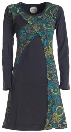 Vishes - Alternative Bekleidung - Damen Mandala-Kleid Blumen-Kleid Lang-arm Rundhals Baumwollkleid schwarz 36