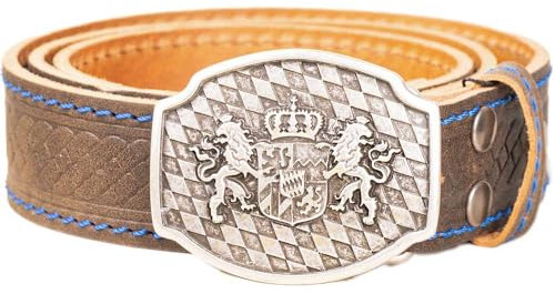 Goldschmidt Trachten Trachtengürtel Vincent 40mm breit | Gürtel Echtleder Flecht-Prägung und blaue Absteppung | Made in Germany | Gürtelschnalle mit Bayern-Wappen (95)