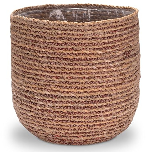 Decorasian Seegras Blumentopf – Übertopf geflochten – dekorativer Planzenkorb mit Folieneinsatz im Boho Stil - Natur/rot, 27cm