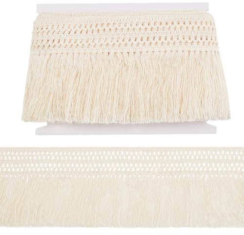 FINGERINSPIRE 9.1 m Baumwoll Quastenfransenbesatz 12.5 cm Breit Spitzenbesatzbänder Beige Vintage Stil Geknotete Baumwollfransen Nähen Fransenbesatz Für Kleidung Vorhänge Kunsthandwerk Heimdekoration