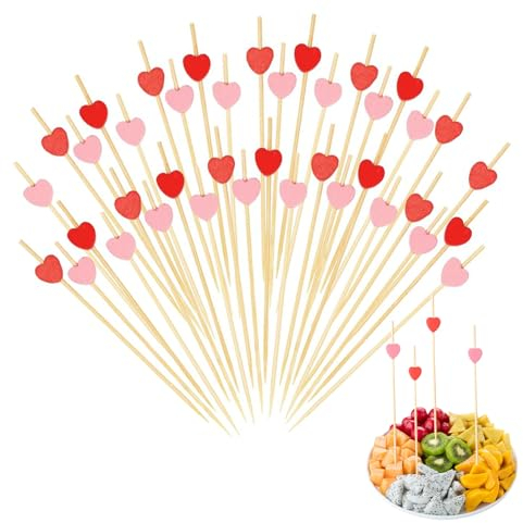 200Pcs Cocktail Sticks for Food, 4.7 Inch Pink Red Heart Shaped Skewer Sticks, Disposable Decorative Bamboo Sticks for Cocktail for Wedding Baby Shower Halloween Christmas Party Decor