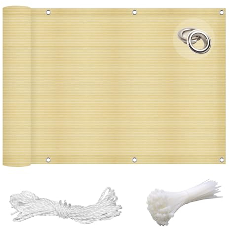 GAIFNAG Balkon Sichtschutz Ohne Bohren 130 x 850 cm Balkonsichtschutz mit Ösen, Balkonbespannung Balkonverkleidung mit Ösen, Nylon Kabelbinder Und Kordel für Balkon Garten im Freien, Creme Farben