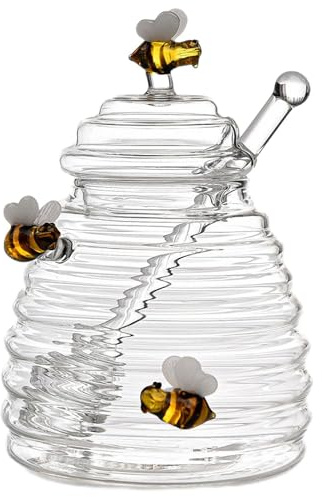 VENCENTE Glass Honey Pot, Honey Jar With Dipper And Lid, Glass Honey Dispenser Container, Beehive Honey Pot For Home Kitchen Store Honey And Syrup, Transparent Honey Pot 400ml