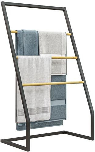 HOMCOM Portasciugamani a 4 Livelli in Acciaio e Bambù, Porta Asciugamani da Terra Autoportante, 60x35x102 cm, Nero e color Legno