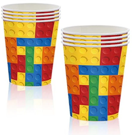 Morainjay 16 bicchieri di carta per feste, 250 ml, colorati a tema mattoncini, decorazioni da tavola per ragazzi e ragazze