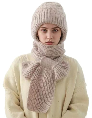 KAOBIO Women Winter Beanie Hats Scarf One-Piece Fleece Lined Warm Knit Ear Protection Integrated Hooded Scarf Cap (Tan,One Size)