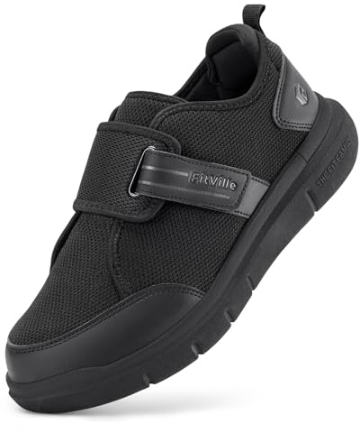 FitVille Scarpe con Strappo Uomo Extra Large per Diabetici Sneakers da Riabilitative Traspiranti Pantofole per Camminare Anziani Nero 43 EU X-Larga