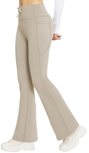 BALEAF Fleecefodrade yogabyxor för kvinnor med 4 fickor termiska utsvängda leggings dragsko hög midja bootcut legging, Khaki, M