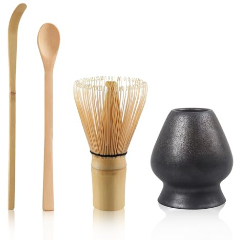 Matcha Set Matcha Whisk and Matcha Spoon Matcha Ceremony Accessory Set, Ceramic Matcha Whisk Holder(Black)