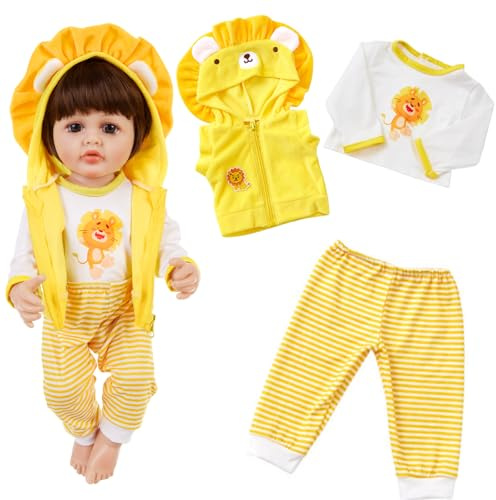 Puppenkleidung Set für Baby Puppen 50-55cm Puppen Niedlicher Löwe Jumpsuit mit Jacken Oberteile Hosen und Socken Kleiderbügel Puppenzubehör Puppen Wickeltisch für Jungen und Mädchen 20-22inch