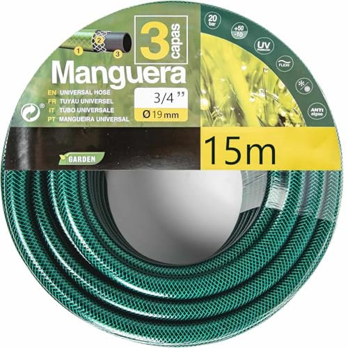 TECHZOCO Manguera de jardín, Manguera de agua elástica y flexible, Fabricada en tela cruzada de poliéster, presión de rotura de 20 bar, 3 Capas, Diámetro 3/4 (19 mm), Verde, Longitud de 15 Metros