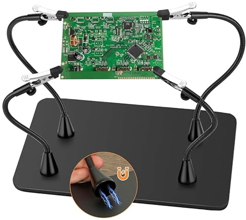Drdefi Mains magnétiques utiles pour souder troisième main, station de soudage avec pinces crocodiles, support de circuit imprimé PCB, outil 4 bras col de cygne base antidérapante pour réparations