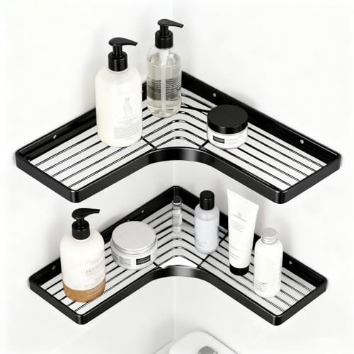 Duschablage Ohne Bohren Ecke, 2 Stück Eckregal Bad Rostfrei mit 4 Klebestreifen, Eckregal Dusche Edelstahl Schnellablauf, Badezimmer Regal für Aufbewahrung Shampoo und Duschgel - Schwarz