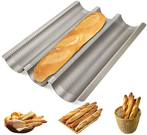 Beutrain Baguette Backform,Edelstahl Baguette-Backblech mit Antihaft-Beschichtung | Backblech mit Netzloch-Design für Baguette, Brot Backen Zubehör | Für Ofen & Grill,Gold-3er Baguetteform