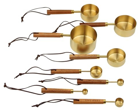 8Pcs Gold Measuring Cup and Spoon Set - Stainless Steel Measuring Cup with Wooden Handle for Kitchen Baking and Cooking (with Lanyard)