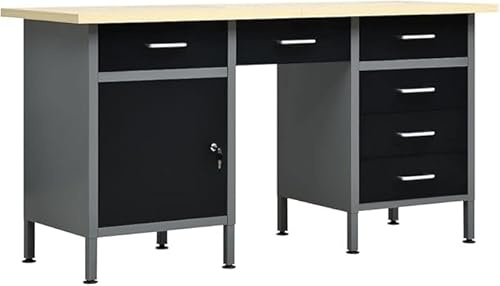 Refined Banco da Lavoro Tavolo da Lavoro Postazione di Lavoro Piano di Lavoro con Cassetti Prodotti da Garage Nero 160x60x85 cm in Acciaio