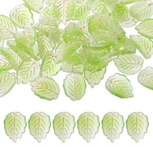 PATIKIL Glass Leaf Beads, 50Pcs Cute Crystal Lamp Work Leaf Charms, Translucent Czech Spacer Beads for DIY Jewelry Making Bracelets Necklace Wind Chimes Suncatchers, Light Green/Golden