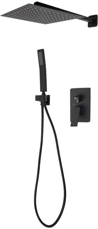 Système de douche avec régulateur de température, design encastré, douche à effet pluie murale, pommeau de douche carré, en acier inoxydable, noir