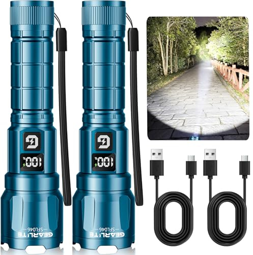GEARLITE Lampe de poche LED rechargeable, 3 modes d'éclairage 6000 l, super lumineuse, zoomable, avec écran LCD, étanche IP65 et XHP70.2, lampe tactique pour camping, pêche, urgences (2, bleu)
