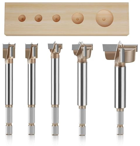 SOCOJE 5 PCS Forstner Drill Bit Set, Professional Hexagonal Shank Woodworking Hinge Boring Bit Tungsten Carbide Blade Three-Tooth Double Blade Design Multiple Sizes(10mm, 12mm, 15mm, 20mm, 35mm)