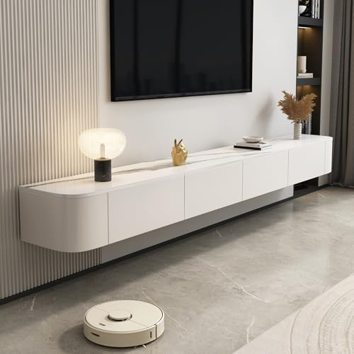 Meuble TV moderne flottant avec tiroirs, console multimédia élégante pour salon, design économiseur d'espace, finition blanche, 140 cm