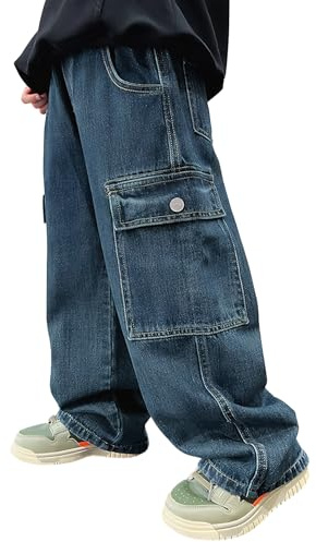 Happy Cherry - Niño Pantalones Vaqueros Holgados Jeans Niños Infantil Estilo Callejero Pantalón de Mezclilla Algodón Vintage Cintura Elástica para Primavera Verano Otoño Invierno - 140-146 - Azul