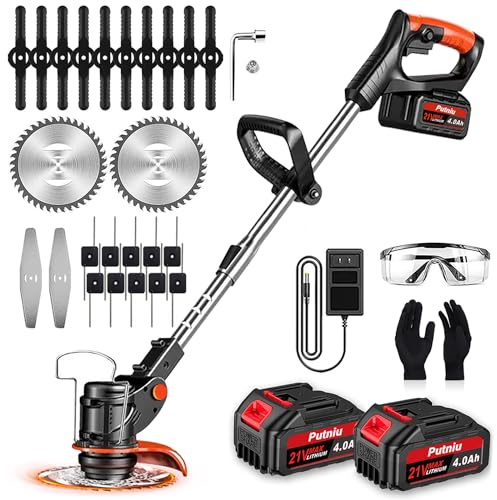 Cordless Weed Wacker, Stringless Electric Weed Eater & Lawn Edger - 21V Battery Powered Grass Trimmer with 2X 4.0Ah Battery and Charger, Brush Cutter with 3 Blades for Garden and Yard Maintenance