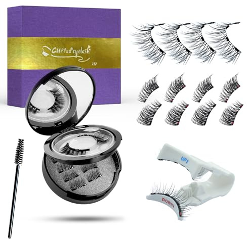 Magnetische Wimpern Schwarz Set – 3 Paare Voll- & 3/4 Halbwimpern Natürlich Look, 4-Magnet Upgrade mit Applikator, Ohne Kleber mit Elegante Chlffua Geschenkbox