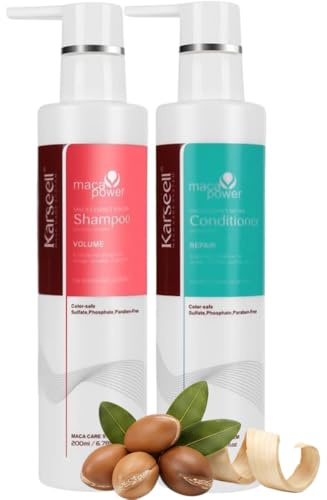 Karseell MACA CARE SYSTEM Pack Champú Voluminizador y Acondicionador Reparador Aceite de Argán Pantenol Volumen Hidratación Cabello Fino Seco Dañado Brillo Uso Diario Sin Sulfatos Parabenos 200ml x2