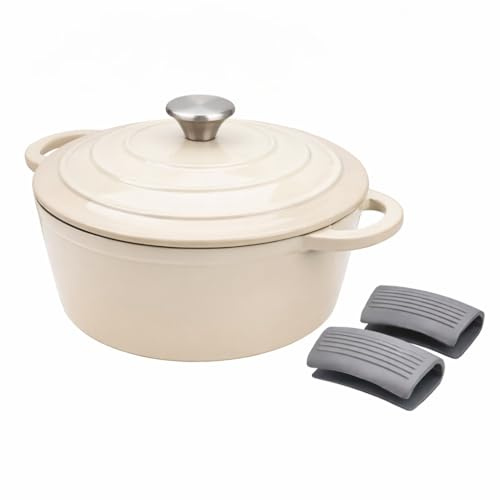 Everypan Éclat 5.5L Cast Iron Dutch Oven with Silicone Handle Covers, Enamelled Non-Stick Casserole Pot, Heavy-Duty Cookware for Baking, Braising, Slow Cooking,Roasting Dish & Stews Ivory White 28cm