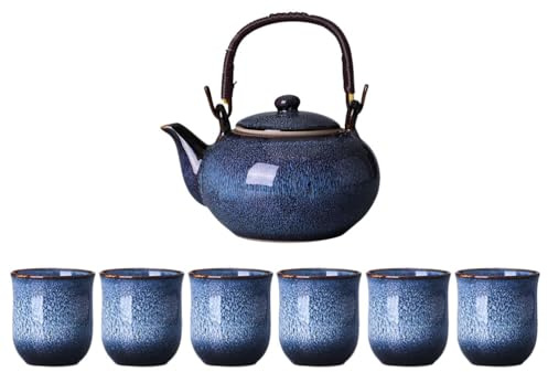 Toyvian Service à Thé en Céramique Chinoise 1,2 L avec Poignée Ergonomique, 1 Théière 800 Ml 6 Tasses 130 Ml, Glaçure Artistique Bleu Azur, Service à Thé Gongfu Portable pour Pause Bureau