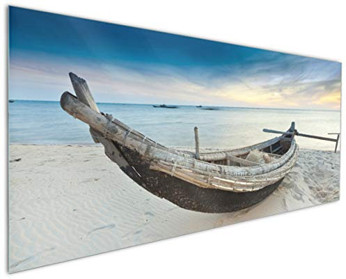 Wallario Küchenrückwand aus Glas 125 x 50 cm, Motiv: Fischerboot am Strand mit Sonnenuntergang | Spritzschutz abwischbar & pflegeleicht