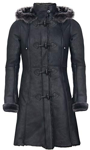 Infinity Leather Damen Merino Schwarz Shearling Schaffell Kapuze Dufflecoat
