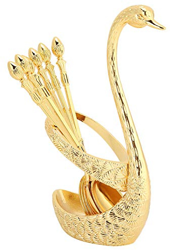 Edelstahllöffel Geschirrset mit Zinklegierung Schwan Formhalter Aufbewahrungsorganisator(Gold)