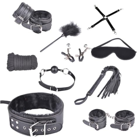 BONDAGERIE® Kit per giochi coppia Accessori Professionale 10 articoli, donna uomo gàgball corda manette cavigliere, colore Colore: Nero