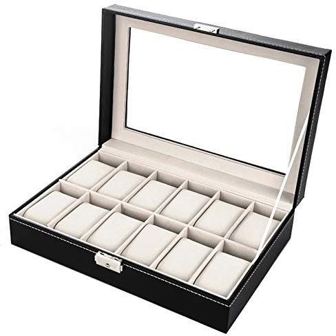 feihao Uhrenschatulle/Box/Präsentationsständer für Uhren aus PU-Leder, Geschenk für Herren, 12 Fächer aus Samt