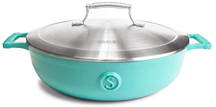 SAVEUR SELECTS 30cm / 4.5QT Enameled Cast Iron Braiser Stainless Steel Insulating Double-Walled Lid |Non Stick, Oven Safe 4.2L PFOA & PFAS-Free Cooking Pot Dutch Oven -Voyage Series - Saveur Blue
