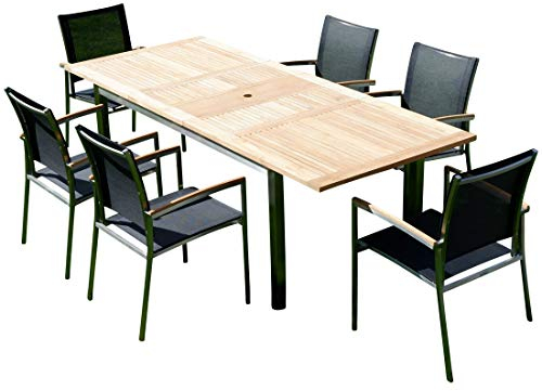 ALEOS. Gartengarnitur Edelstahl Batyline A-Grade Teak Holz Set: Ausziehtisch 160/220 x 90 cm + 6 Sessel Serie Kuba-SCHWARZ Gastroqualität