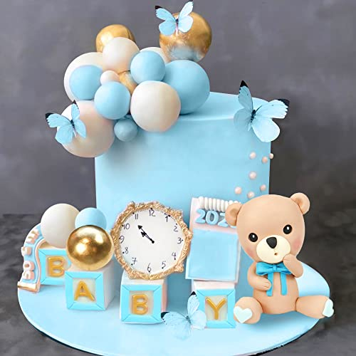 Bear Cake Toppers Mini Decorations Blue BABY Letter Gold White Pearl Ball for Baby Shower Boy Birthday Party Teddy Theme Supplies (Blue Baby)